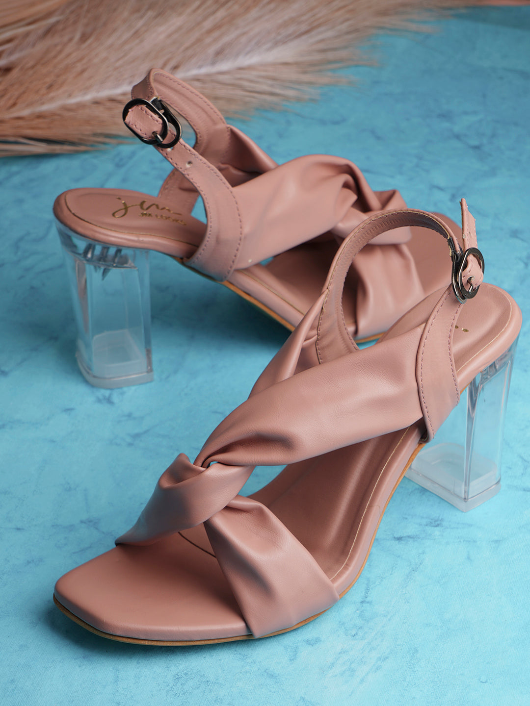 Jm Looks women's twisted strap clear heel sandals with an ankle strap
Peach