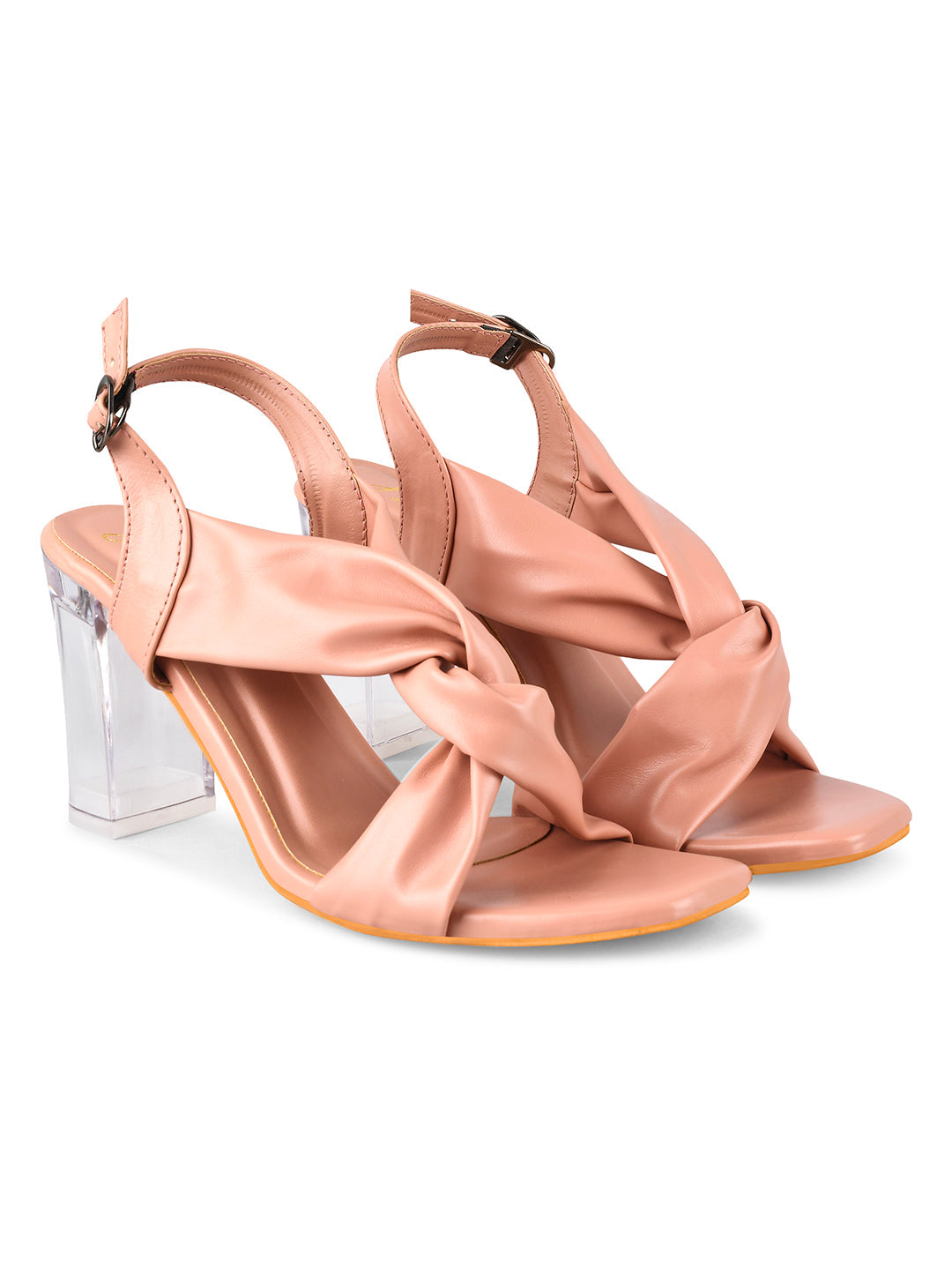 Jm Looks women's twisted strap clear heel sandals with an ankle strap
Peach