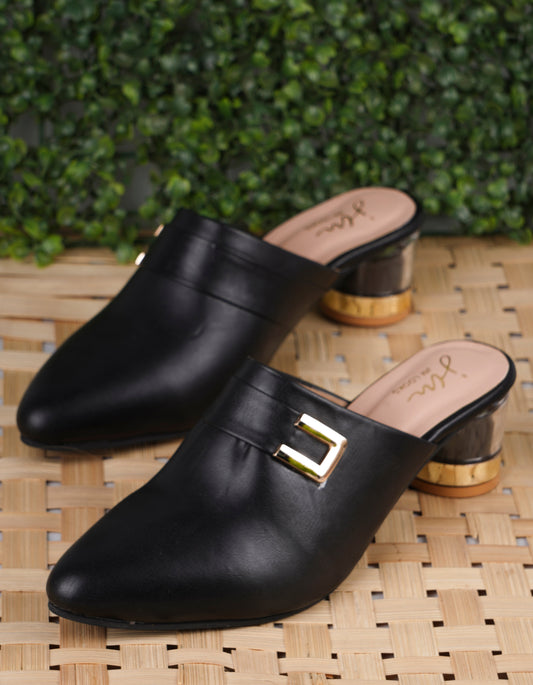 Women’s pointed-toe mules with buckle and metallic block heel Black