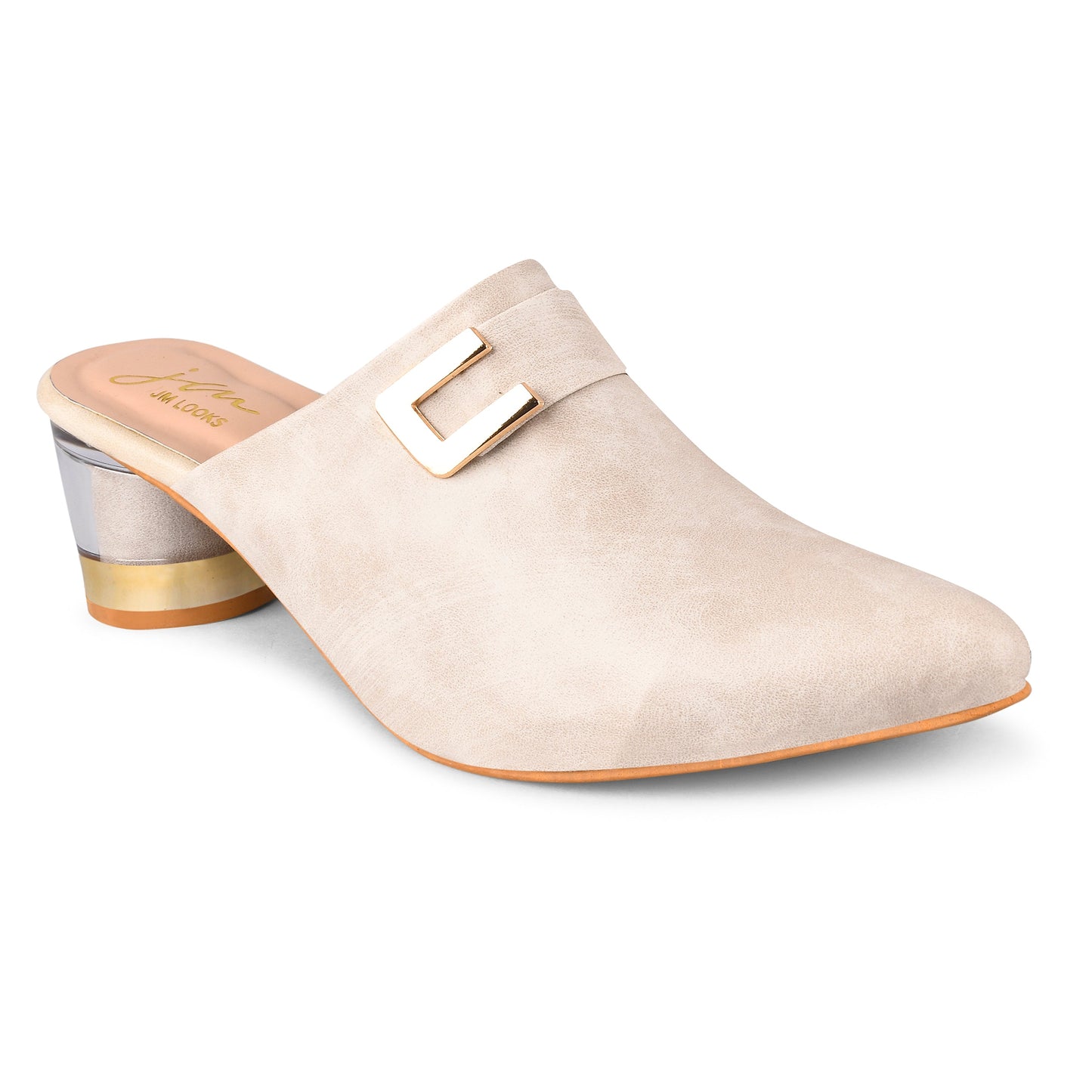Women’s pointed-toe mules with buckle and metallic block heel Cream
