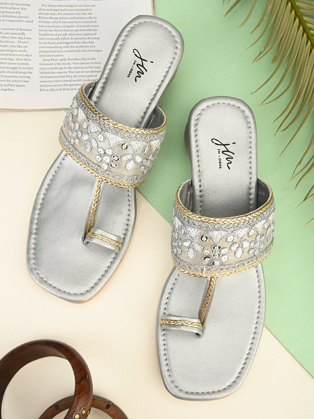 embellished toe-ring sandals with a low block heel
 Silver