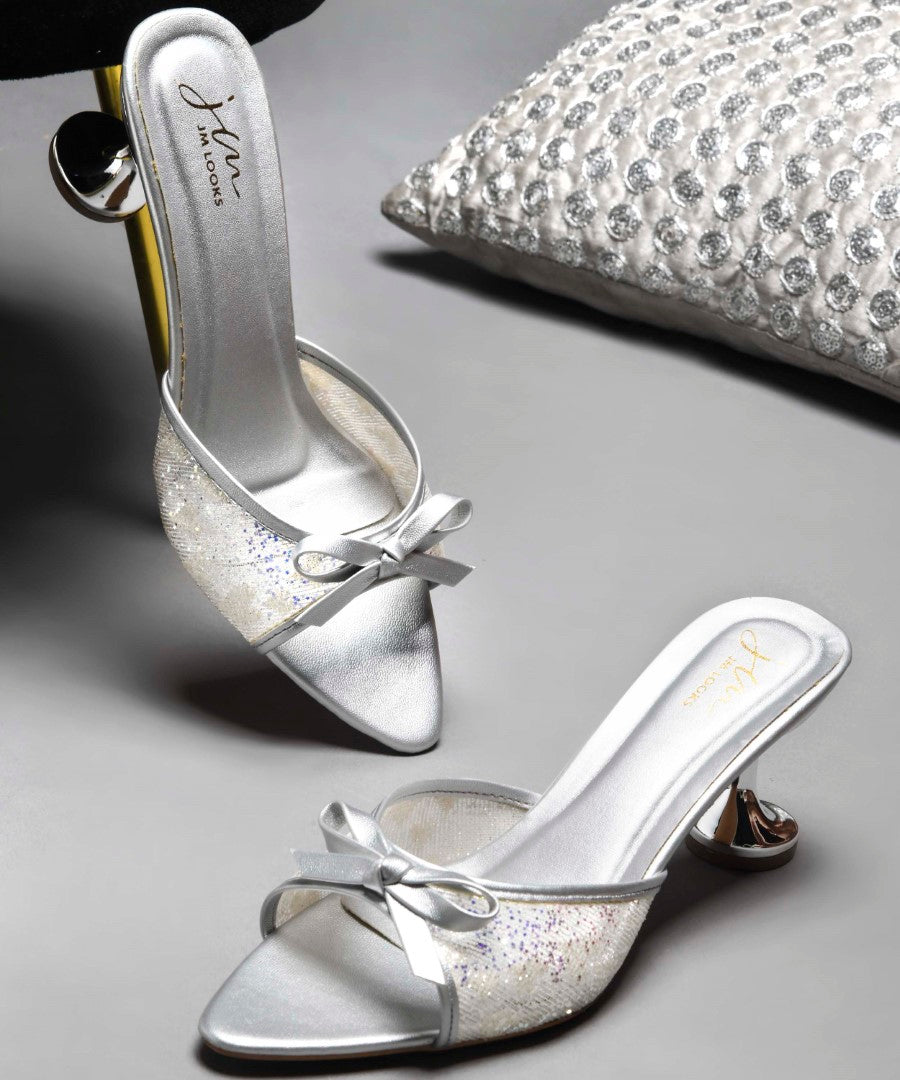 JM Looks Women's Sultan Gold Block Heel Sandals | Glossy Ankle Strap Party Heels Silver