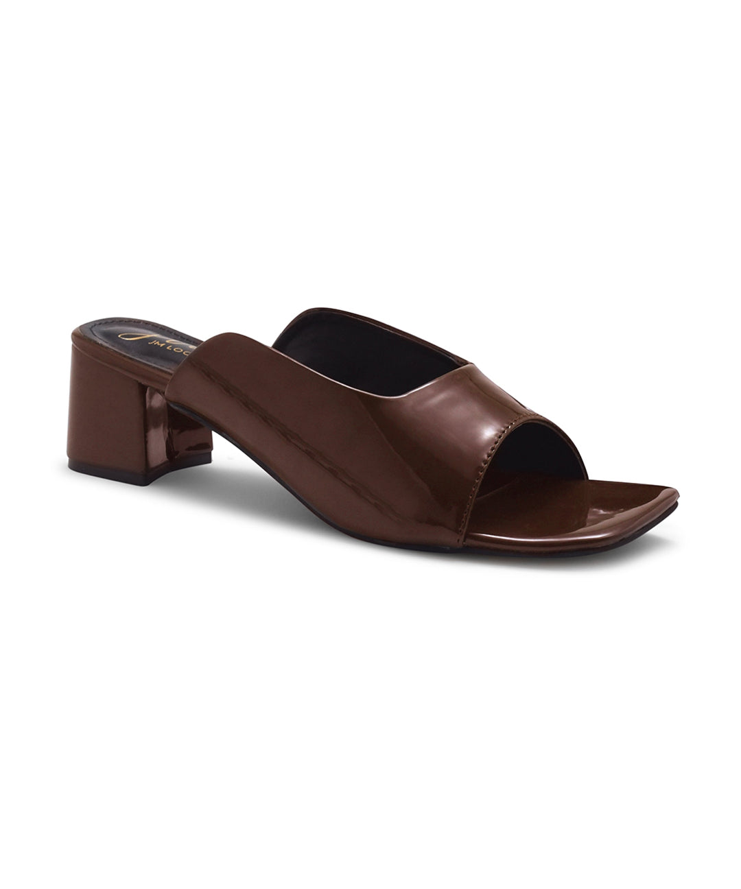 Women's brown square peep-toe block heel mules