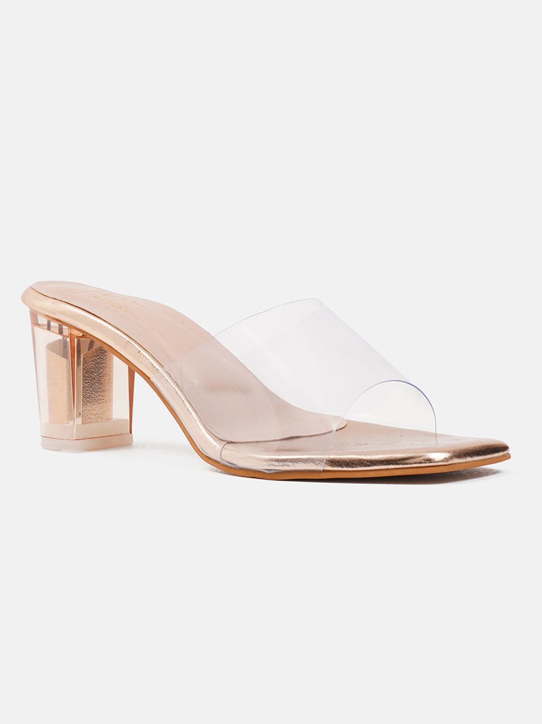 Stylish women's block heels with clear straps and square toe Gold