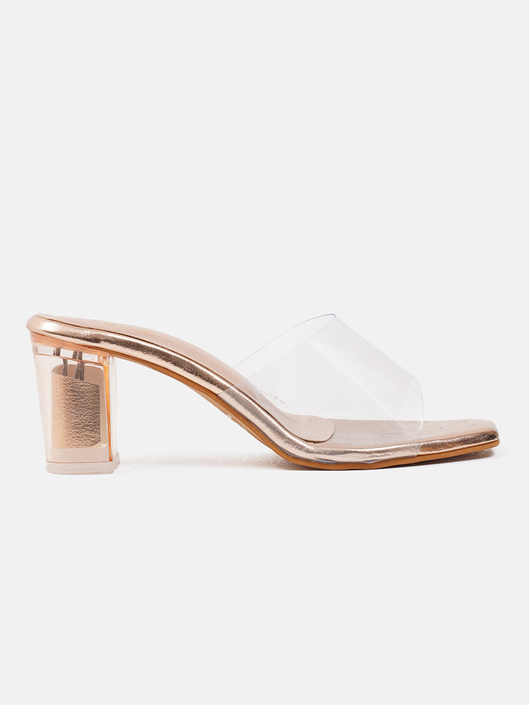 Stylish women's block heels with clear straps and square toe Gold