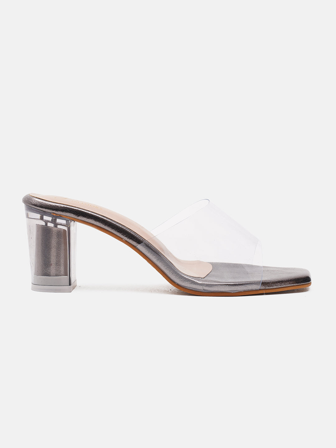 Stylish women's block heels with clear straps and square toe Grey