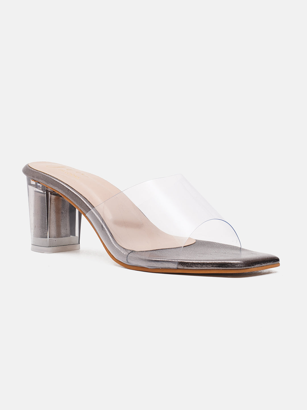 Stylish women's block heels with clear straps and square toe Grey