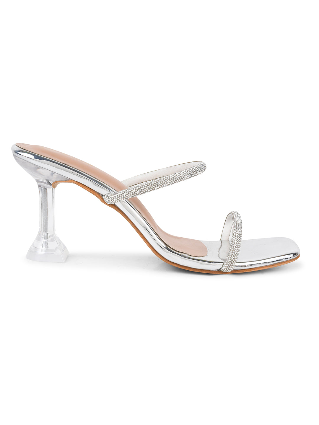 Embellished Slip-On Kitten Heeled Sandals for Women & Girls Silver
