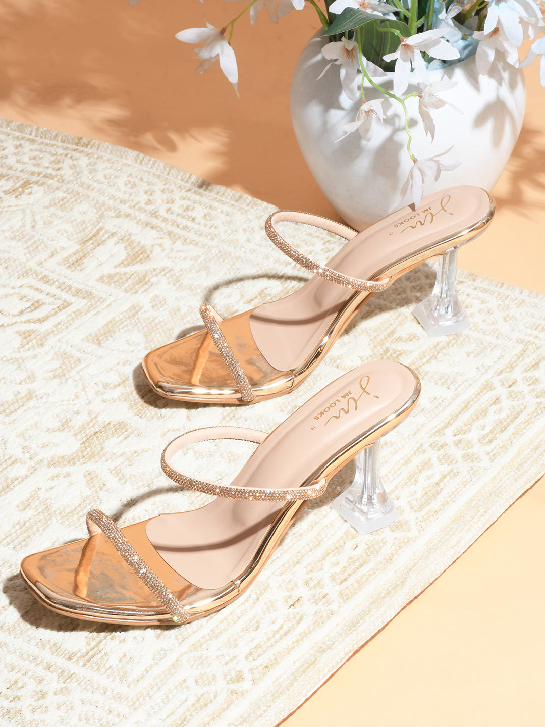Embellished Slip-On Kitten Heeled Sandals for Women & Girls Golden
