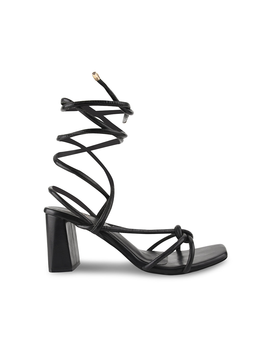 Open Toe Chunky Heeled Sandals with Lace Fastening for Women and Girls Black