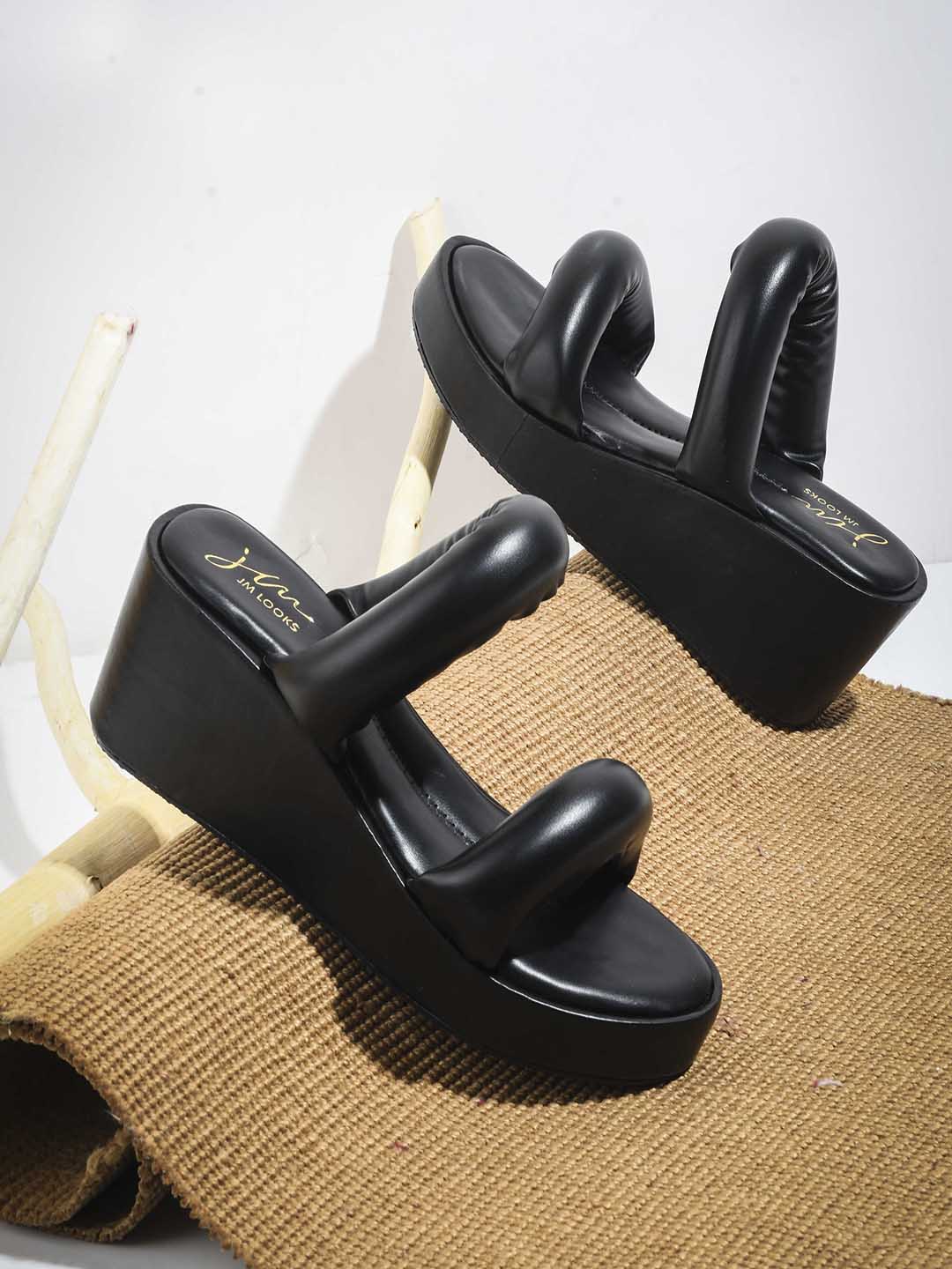 platform wedge sandals with puffy double straps
Black
