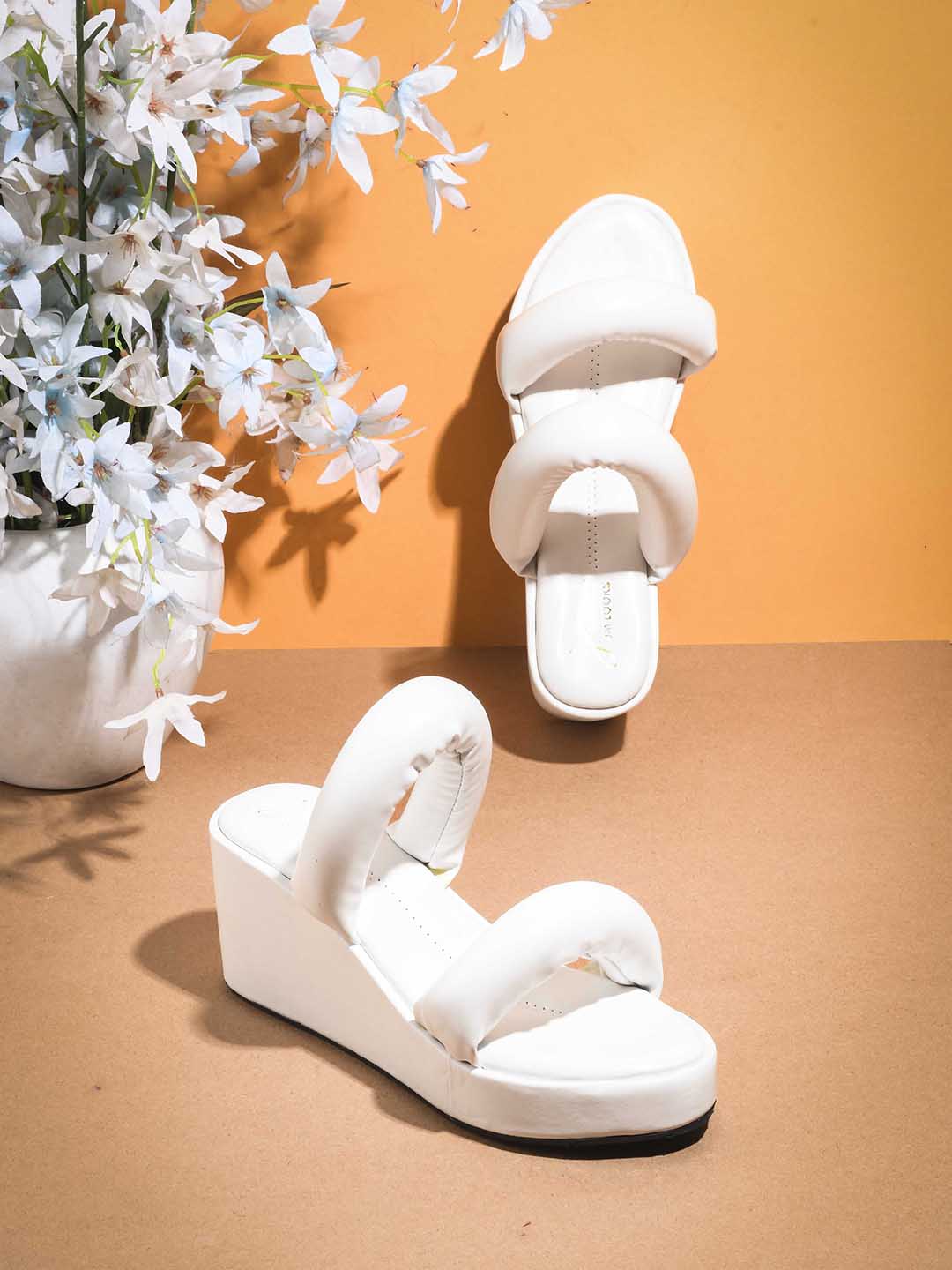 platform wedge sandals with puffy double straps
White