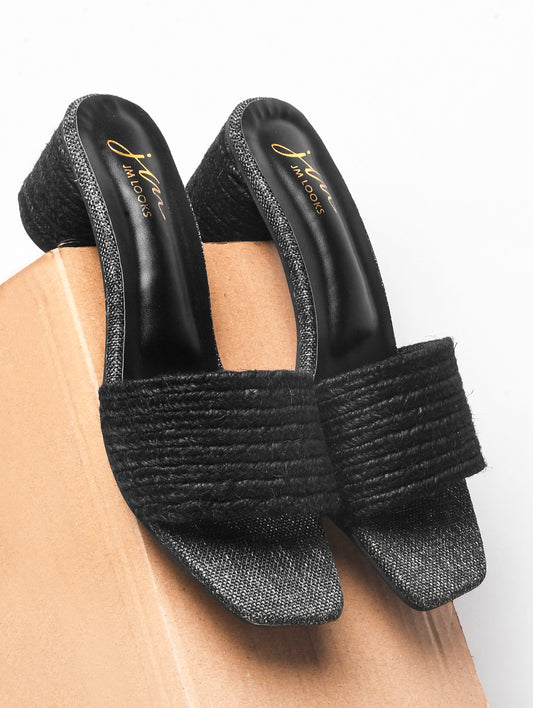 Women’s block heels with woven front strap and square toe design Black