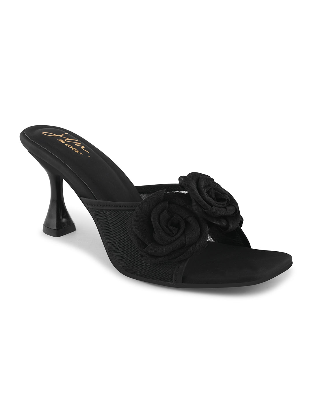 JM Looks heeled mules featuring two prominent floral appliques on the vamp strap and a flared heel
Black