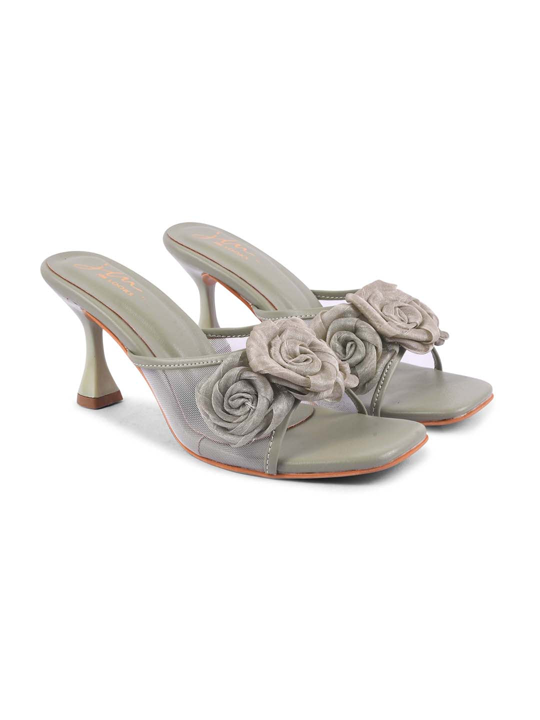 JM Looks heeled mules featuring two prominent floral appliques on the vamp strap and a flared heel
Wine