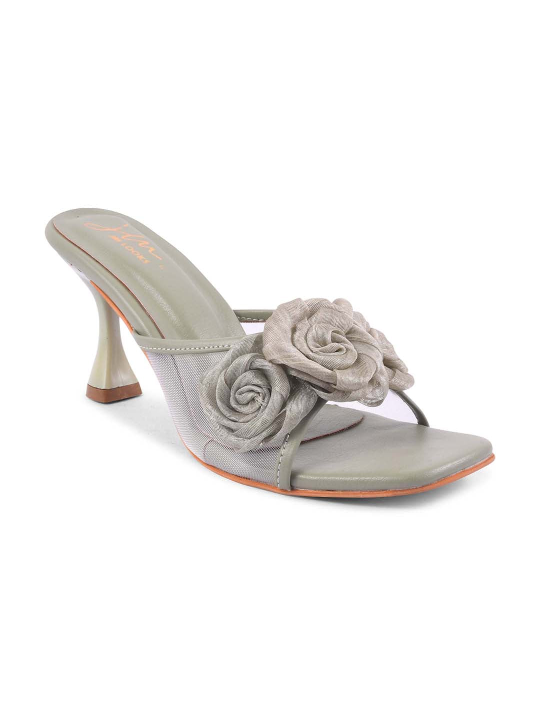 JM Looks heeled mules featuring two prominent floral appliques on the vamp strap and a flared heel
Wine