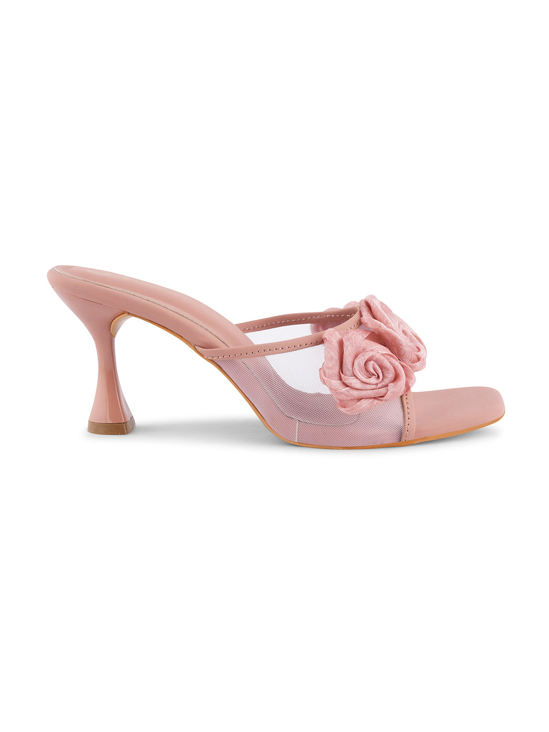 JM Looks heeled mules featuring two prominent floral appliques on the vamp strap and a flared heel
Peach