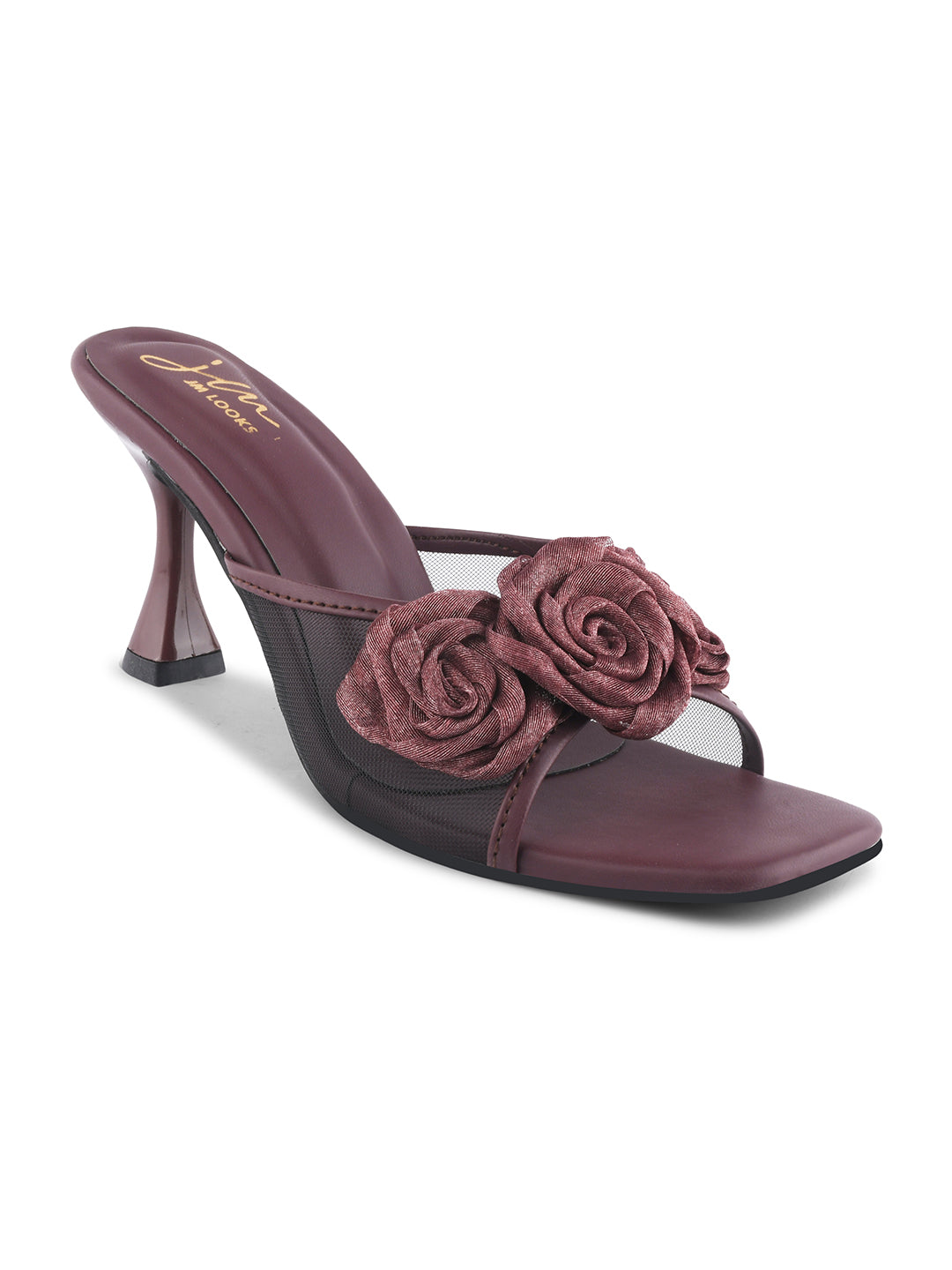 JM Looks heeled mules featuring two prominent floral appliques on the vamp strap and a flared heel
Wine