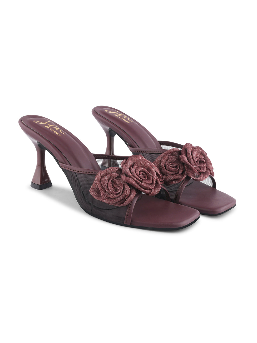 JM Looks heeled mules featuring two prominent floral appliques on the vamp strap and a flared heel
Wine
