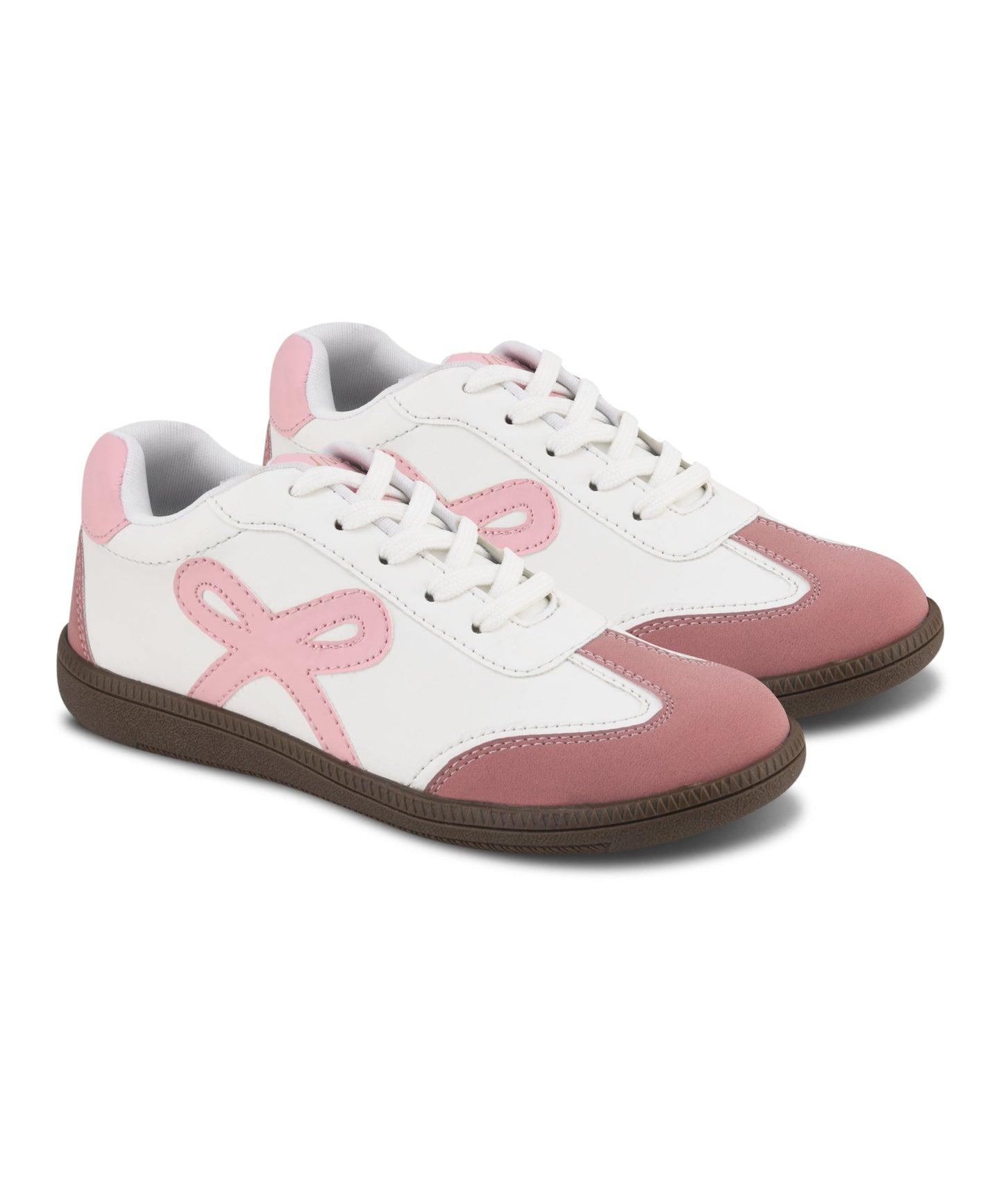 Bow sneakers for women in white pink, lace-up design featuring ribbon applique, cushioned collar, and rounded rose toe cap.