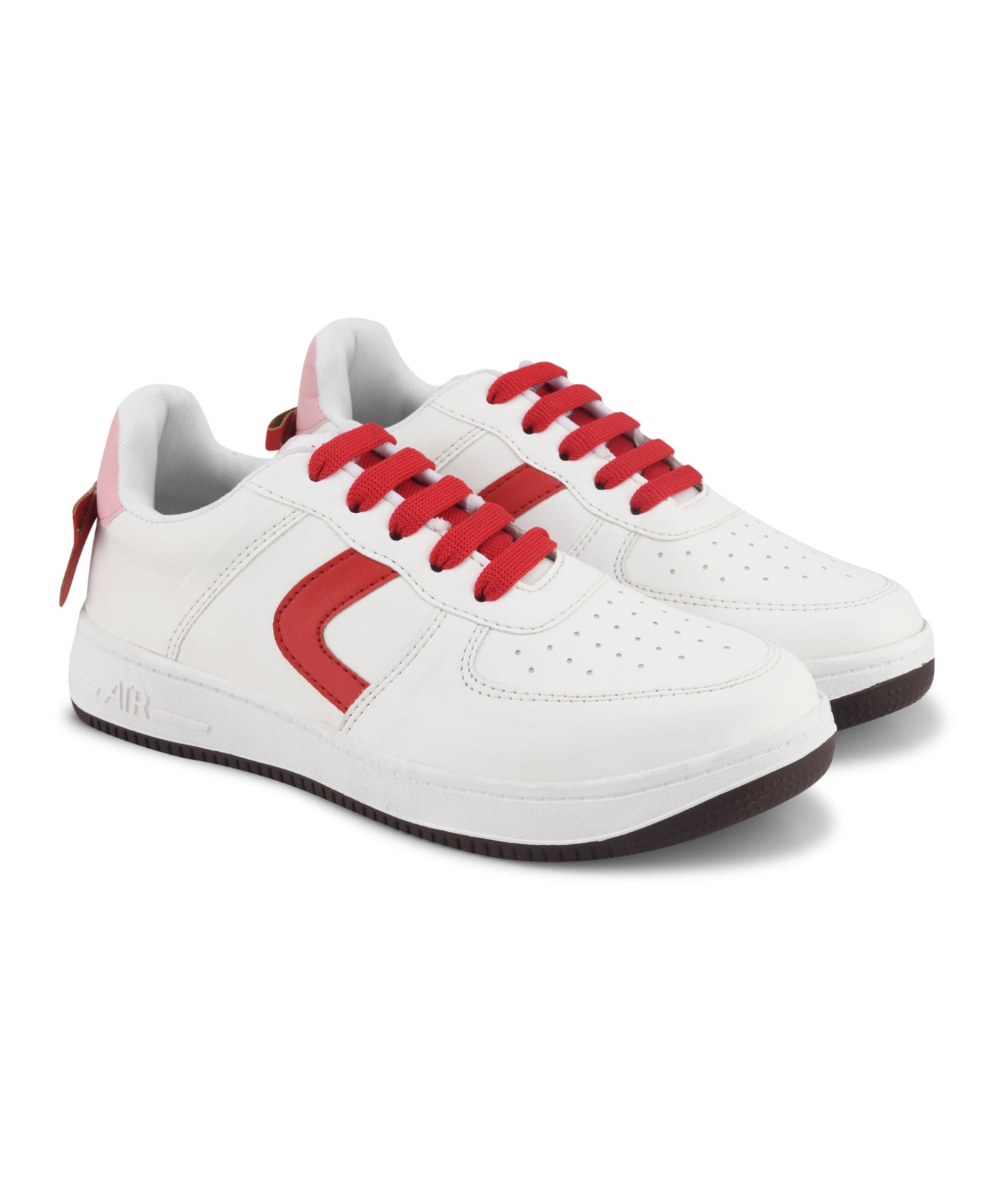 White low top sneakers women with red laces, curved side panel, perforated toe, and chunky rubber sole.