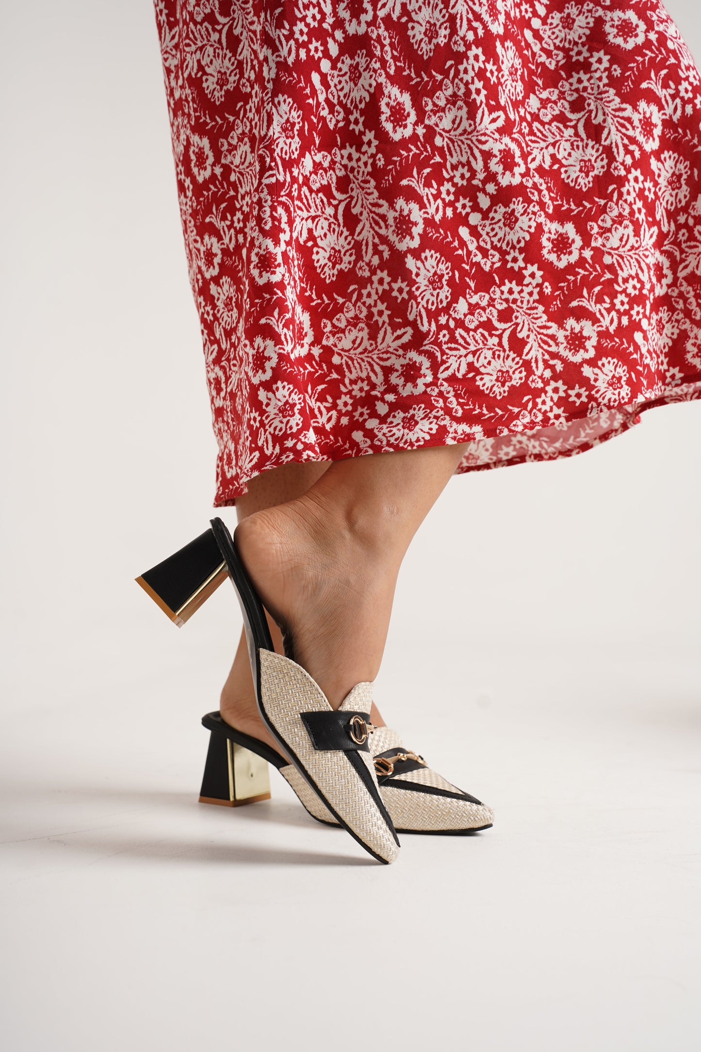 Jm Looks woven textured mule loafers with a chain detail and a block heel with a metallic accent
Black