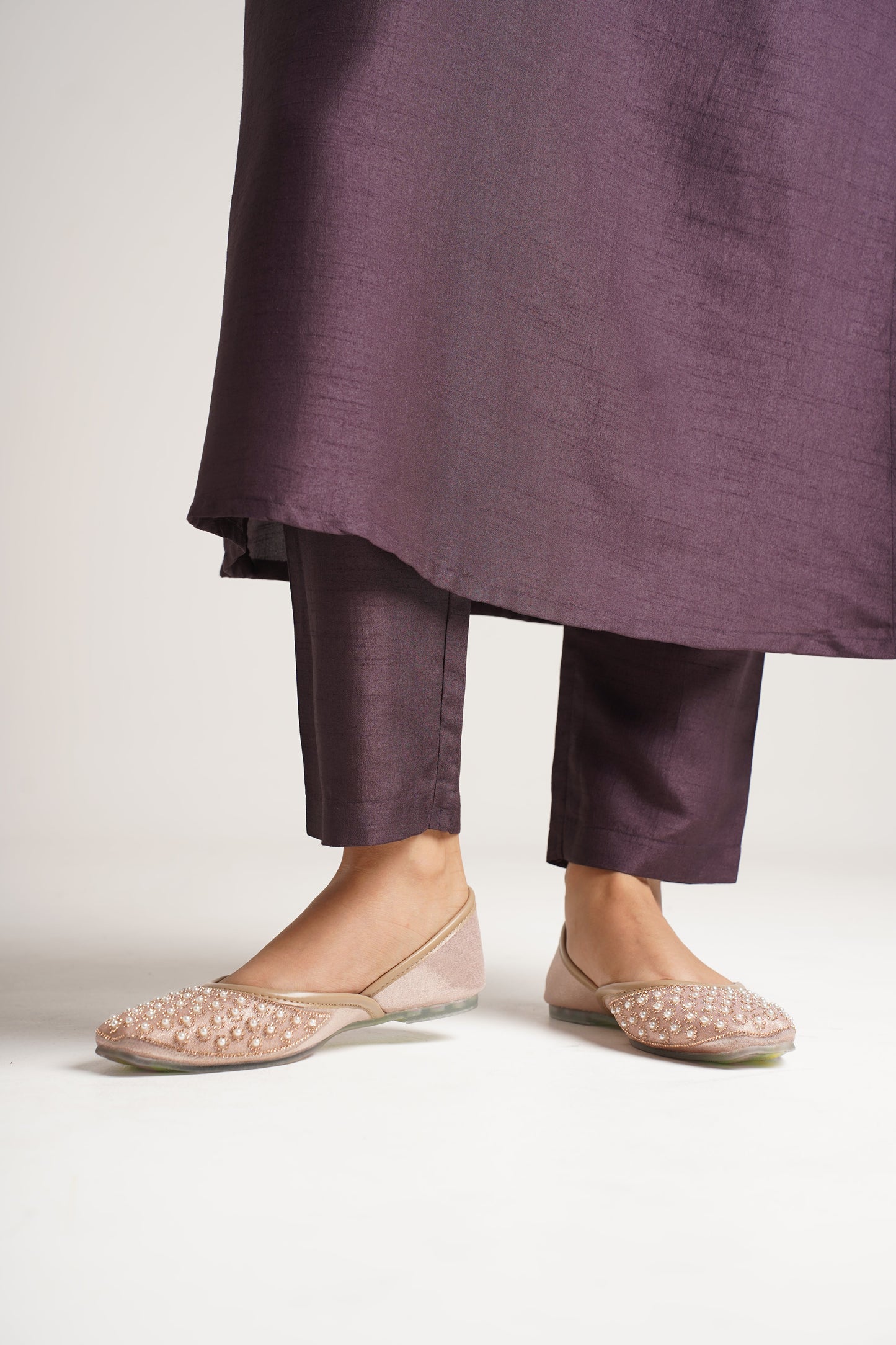 JM Looks jutti flats featuring a pearl-embellished toe and a contrasting textured upper
Peach
