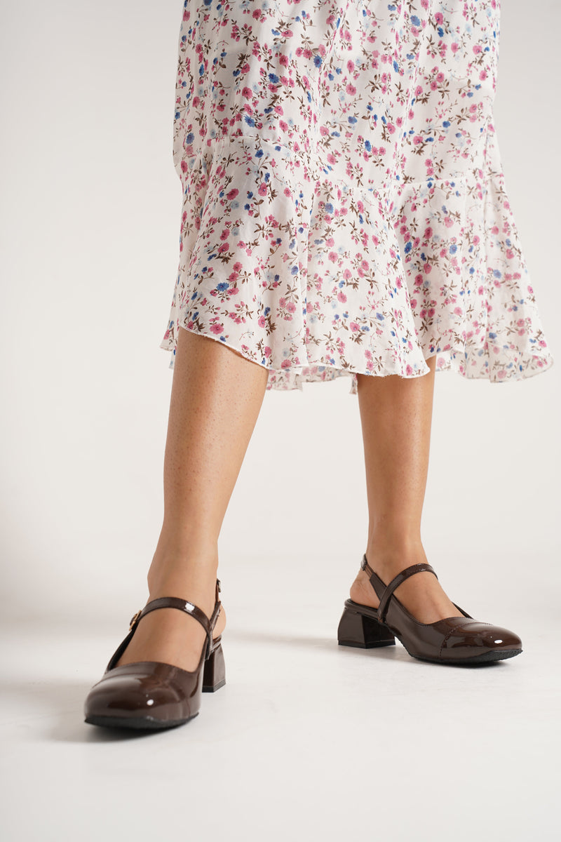 Slingback Glossy Block Heels With Buckle - 28