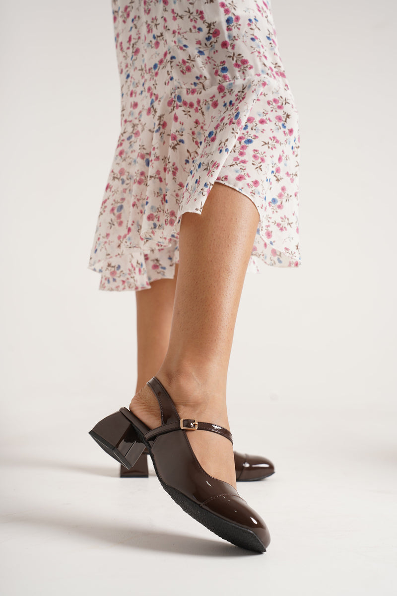 Slingback Glossy Block Heels With Buckle - 29