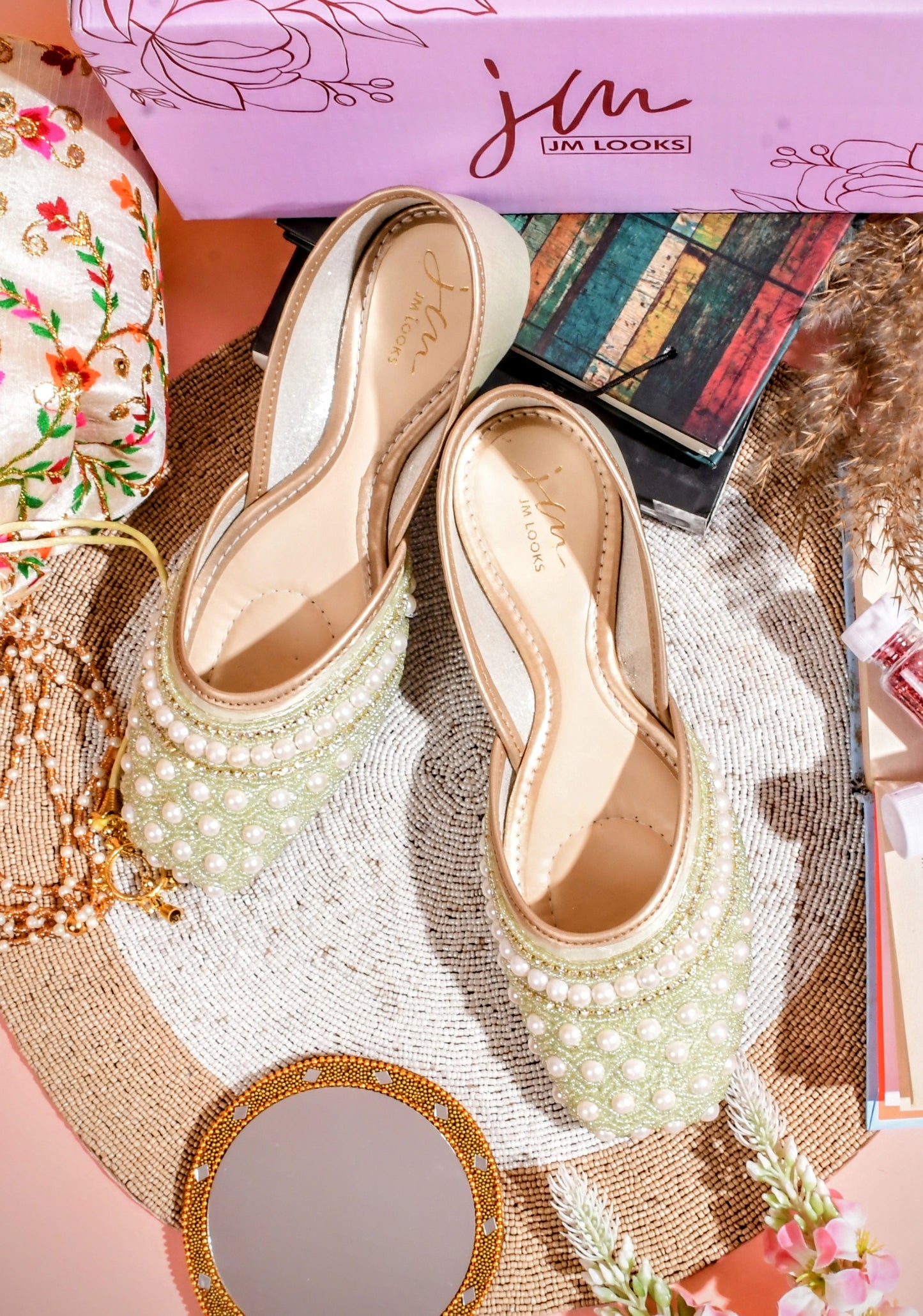 Ethnic Embellished Square Toe Mojaris for Women and Girls at JM LOOKS Light Green