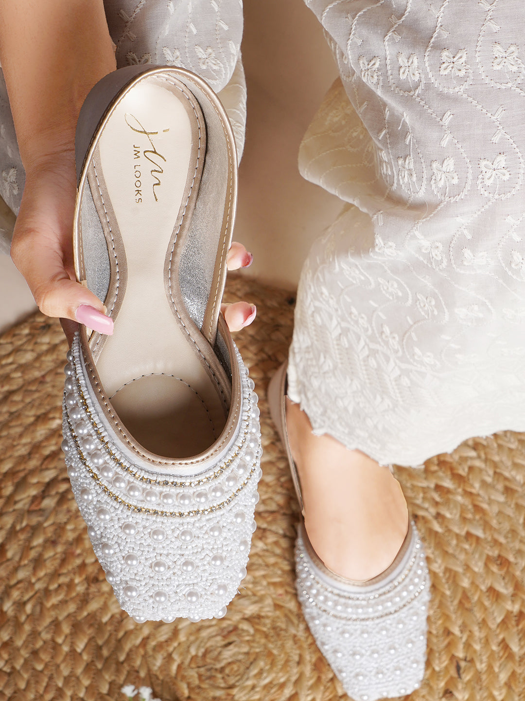 Ethnic Embellished Square Toe Mojaris for Women and Girls at JM LOOKS White