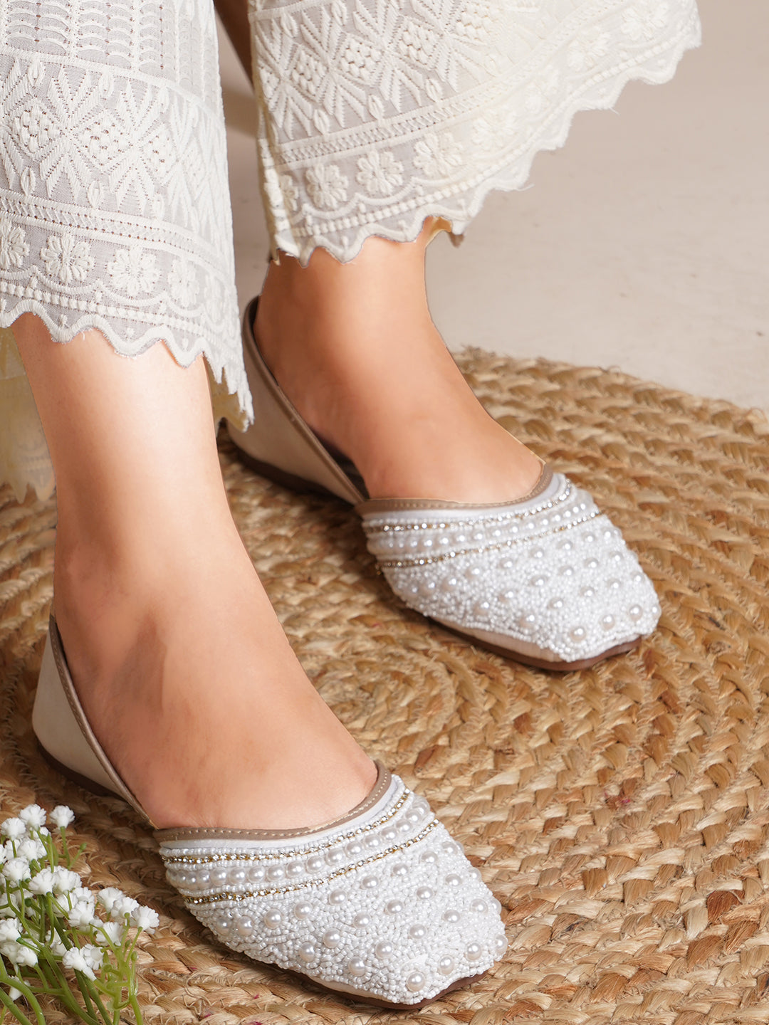 Ethnic Embellished Square Toe Mojaris for Women and Girls at JM LOOKS White