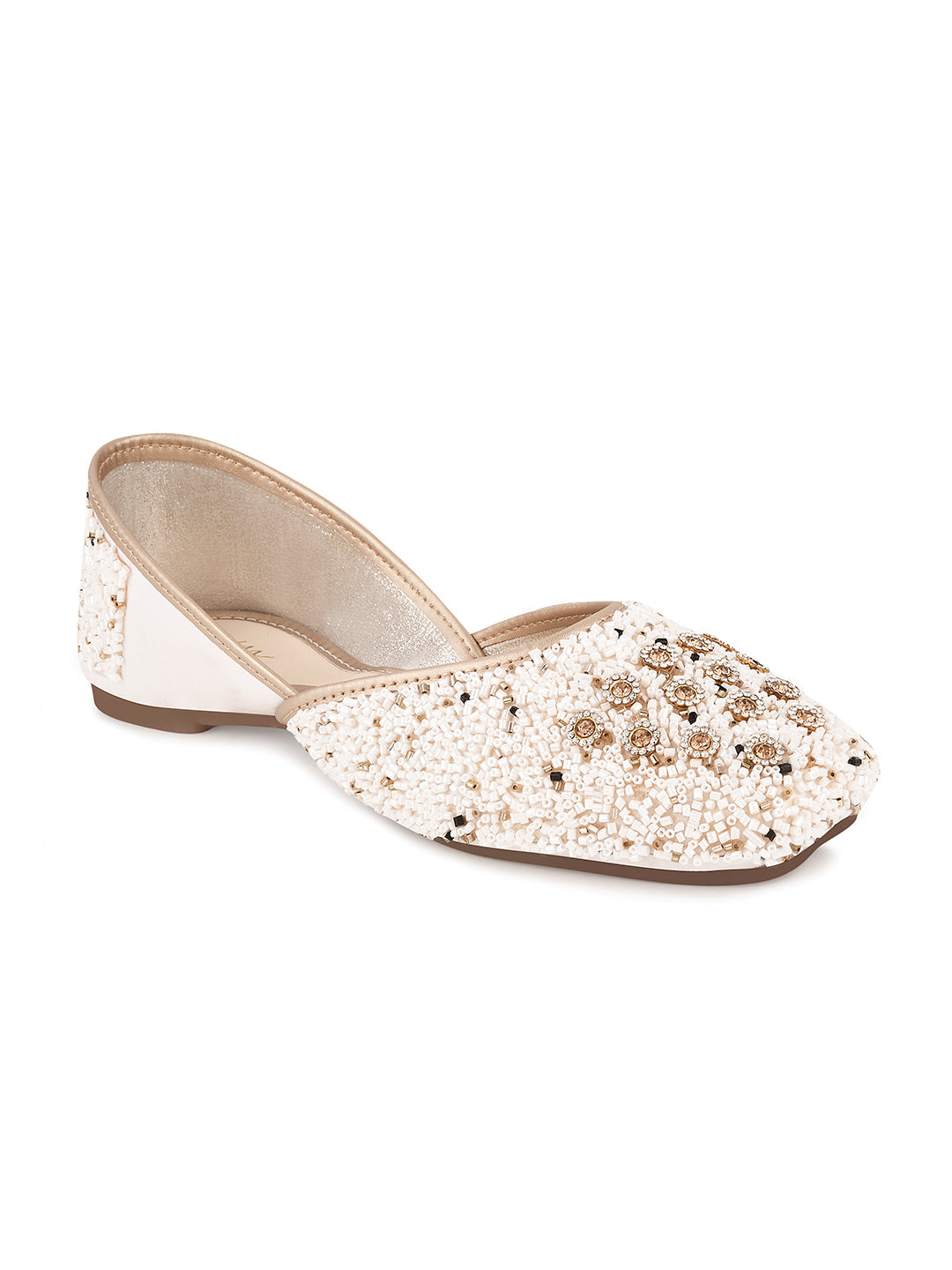 Embellished Square Toe Ethnic Mojaris for Women & Girls White