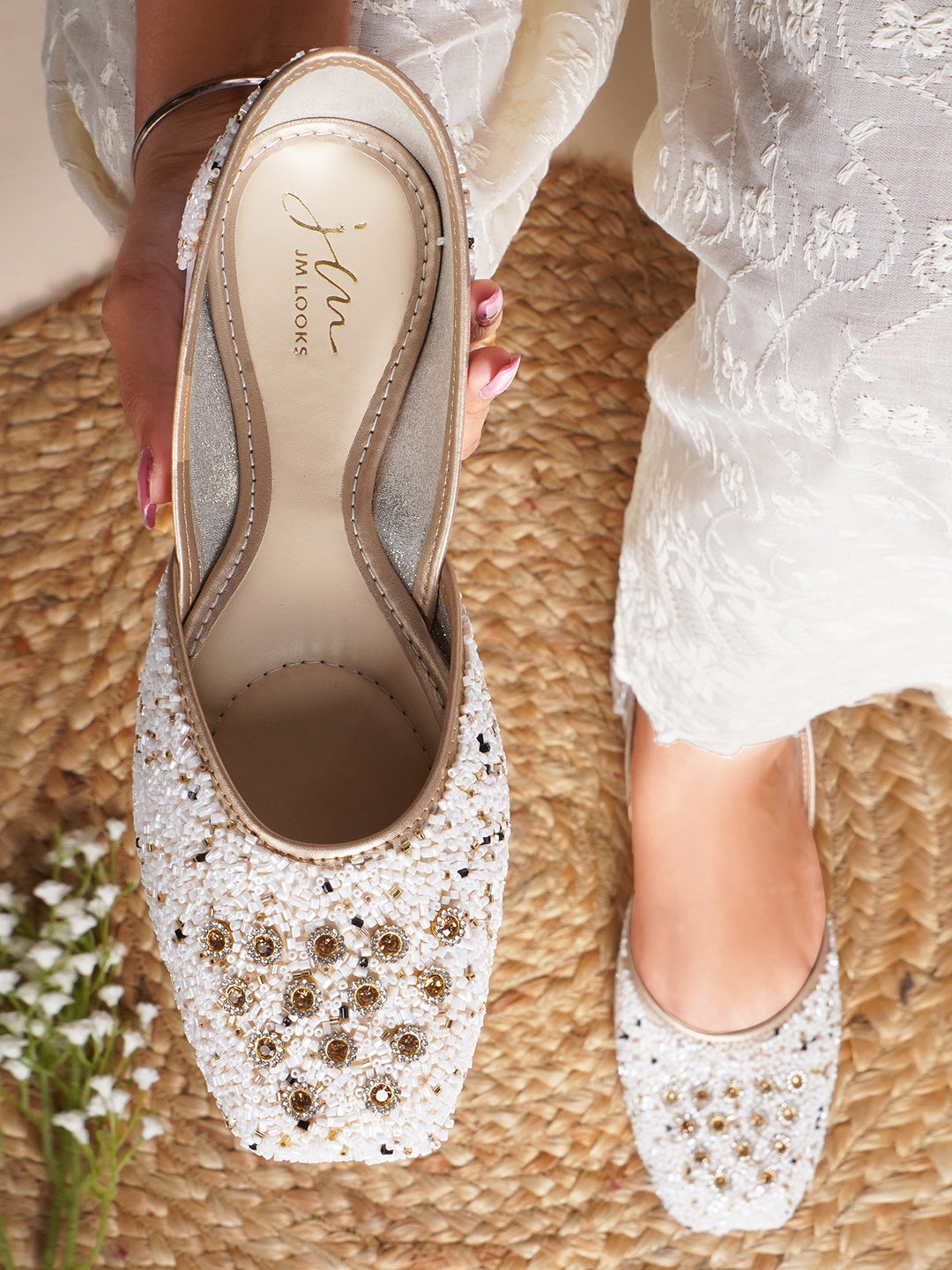 Embellished Square Toe Ethnic Mojaris for Women & Girls White