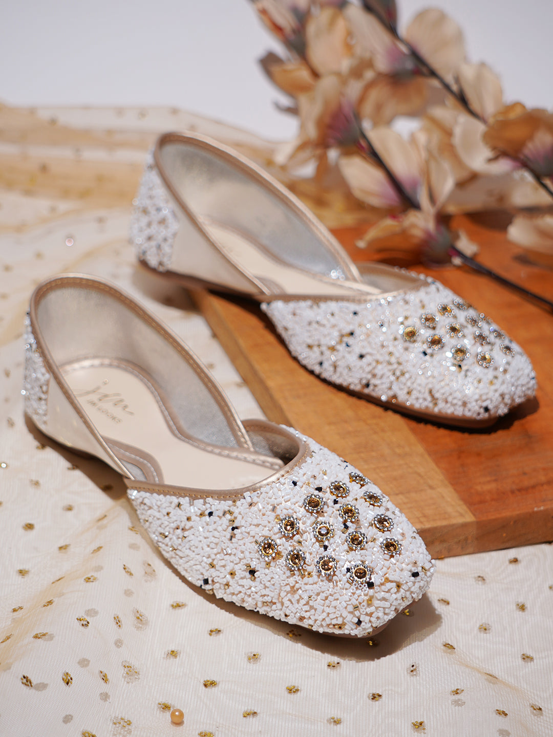 Embellished Square Toe Ethnic Mojaris for Women & Girls White