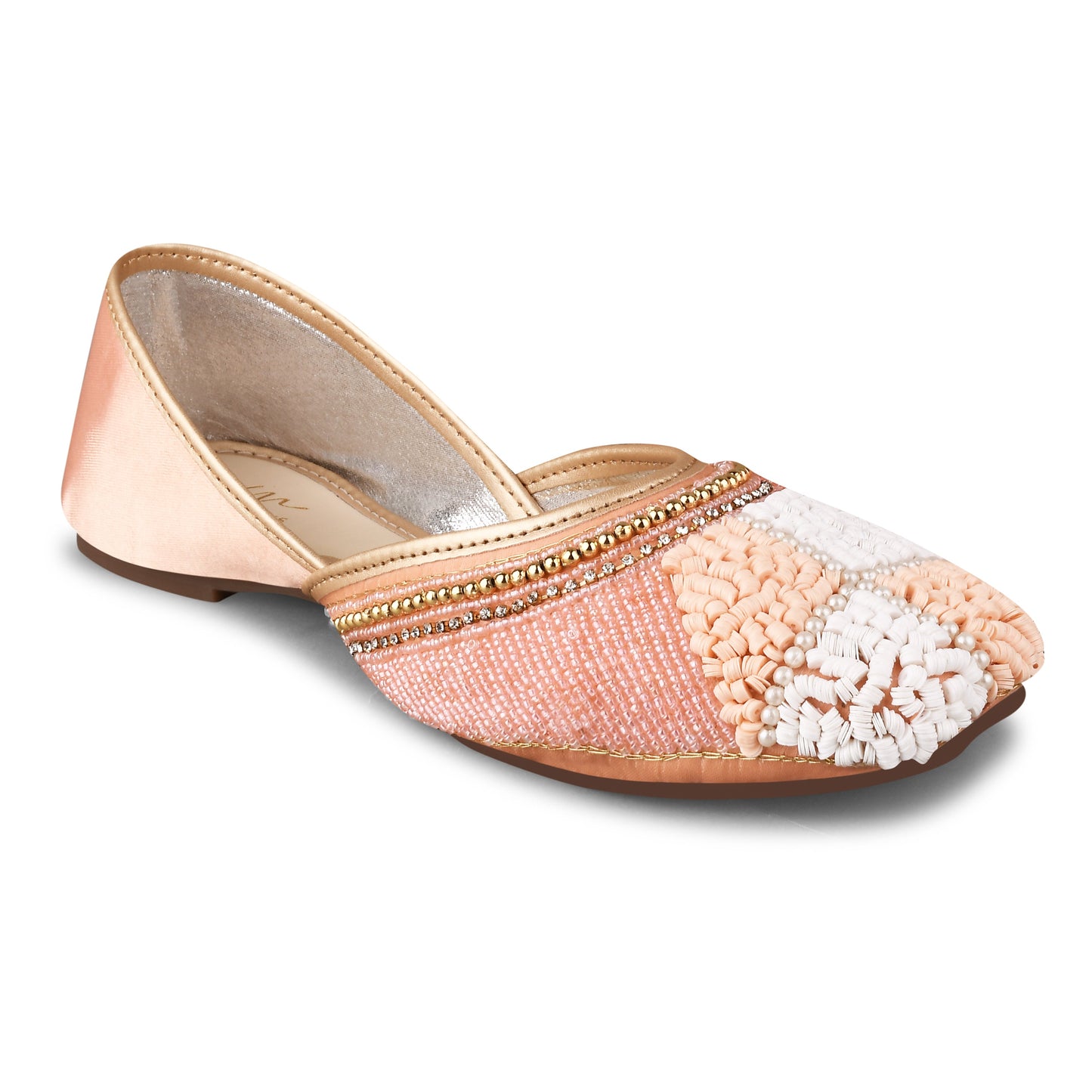 juttis featuring a checkered pattern made from beads
Peach