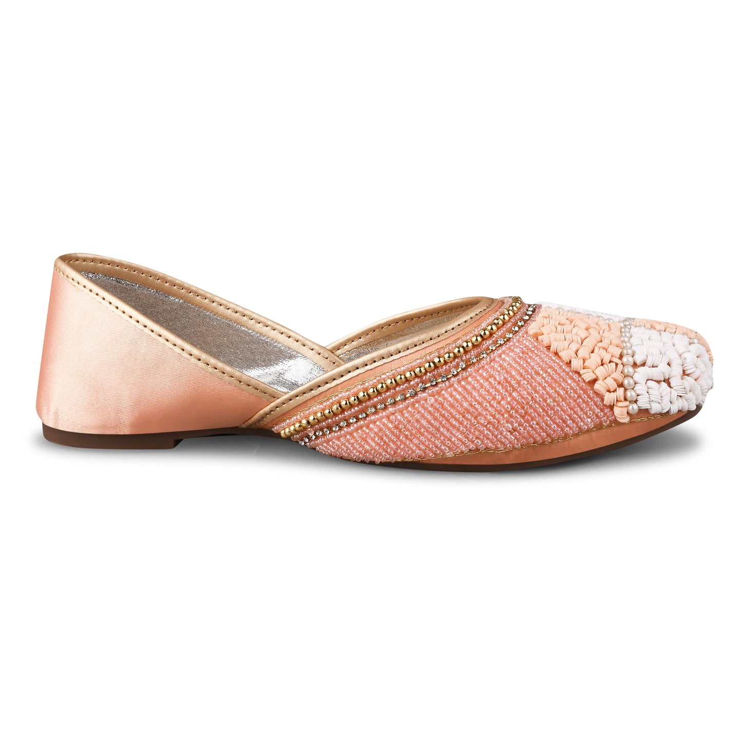 juttis featuring a checkered pattern made from beads
Peach