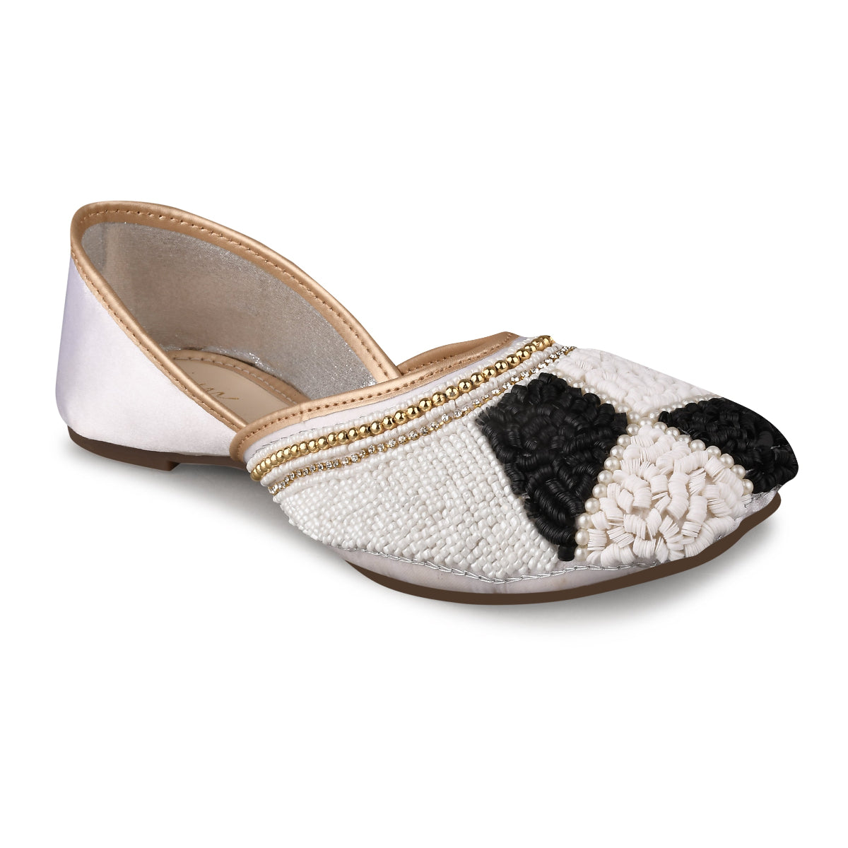Women White Ethnic Embellished Square Toe checkered pattern Stone Work & beads work juttis