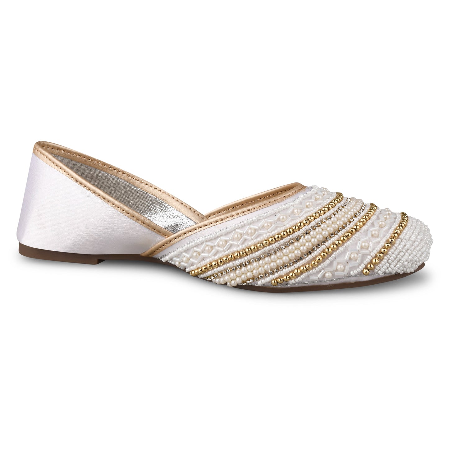 intricately embellished juttis featuring pearl and beadwork patterns
White