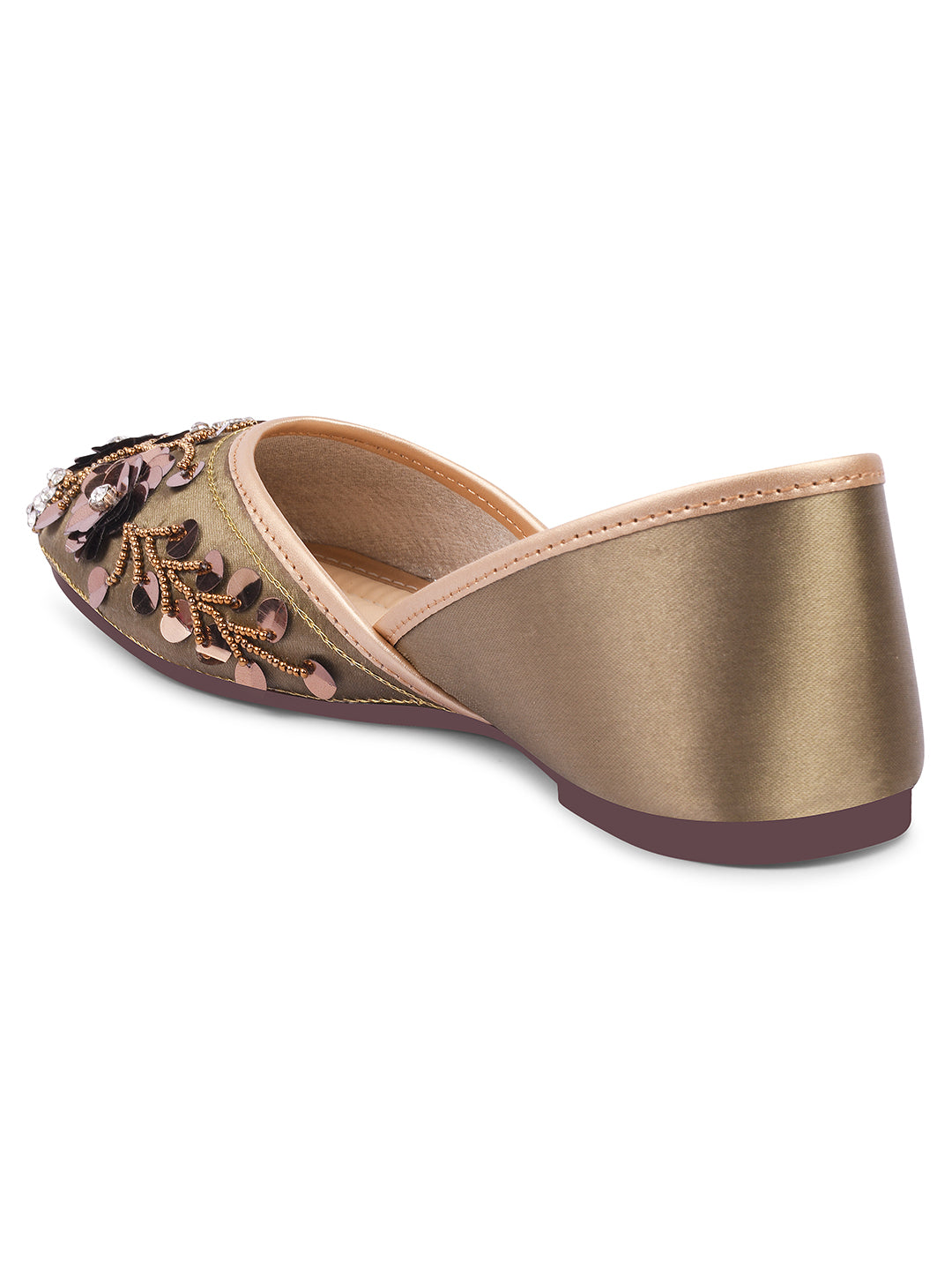 exquisitely embellished juttis with floral and beadwork detailing
Copper