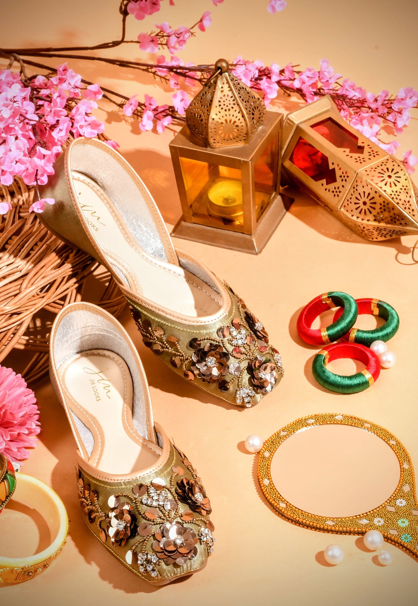 exquisitely embellished juttis with floral and beadwork detailing
Copper