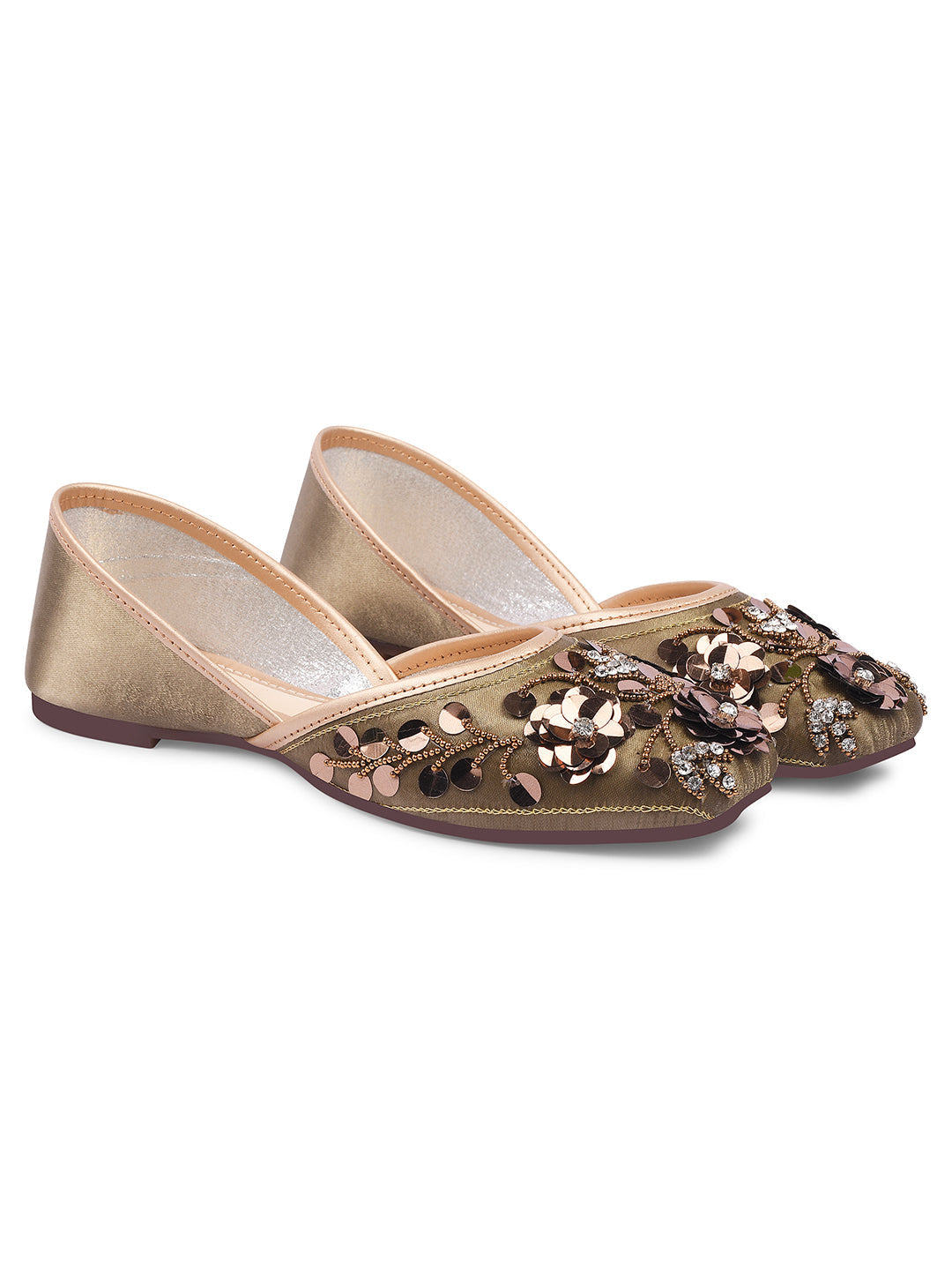 exquisitely embellished juttis with floral and beadwork detailing
Copper