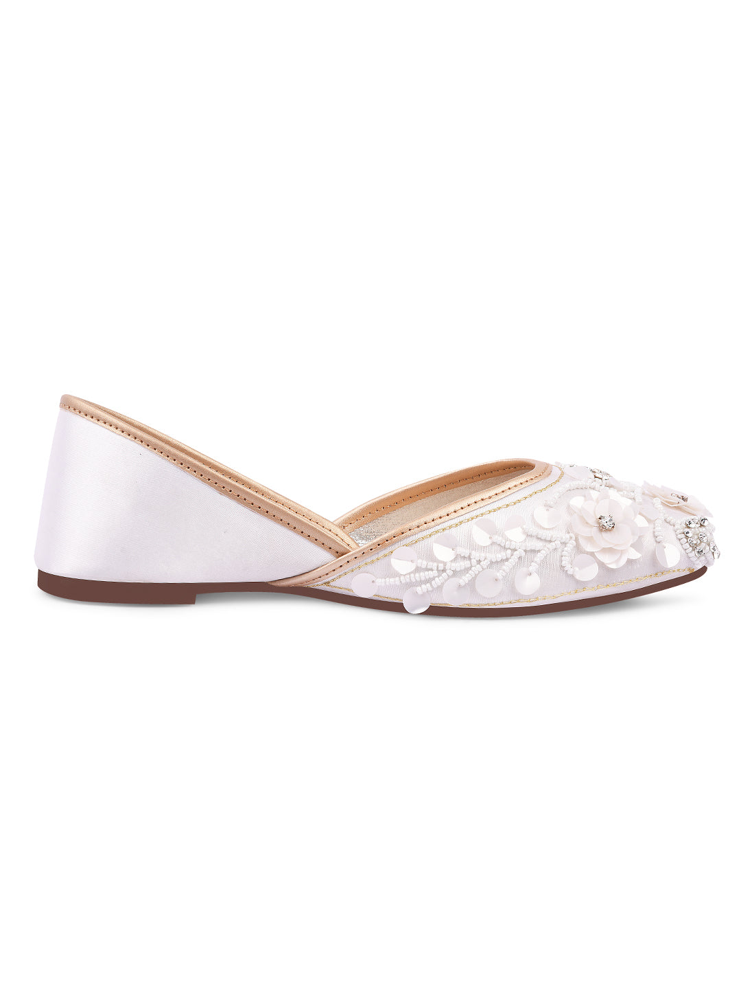 exquisitely embellished juttis with floral and beadwork detailing
White