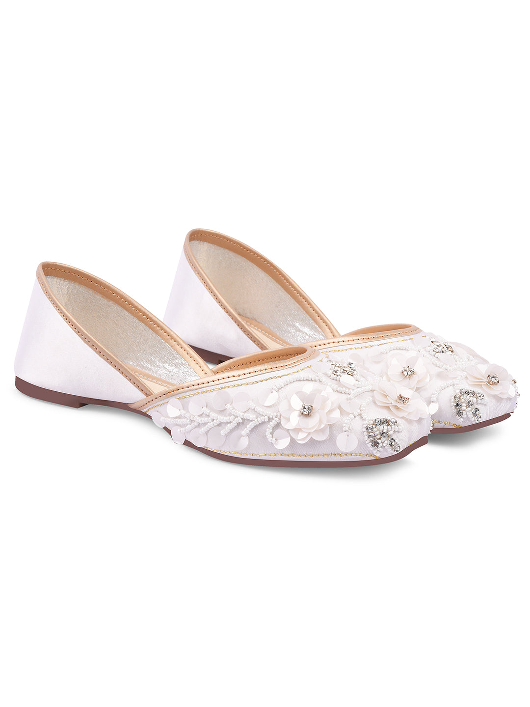 exquisitely embellished juttis with floral and beadwork detailing
White
