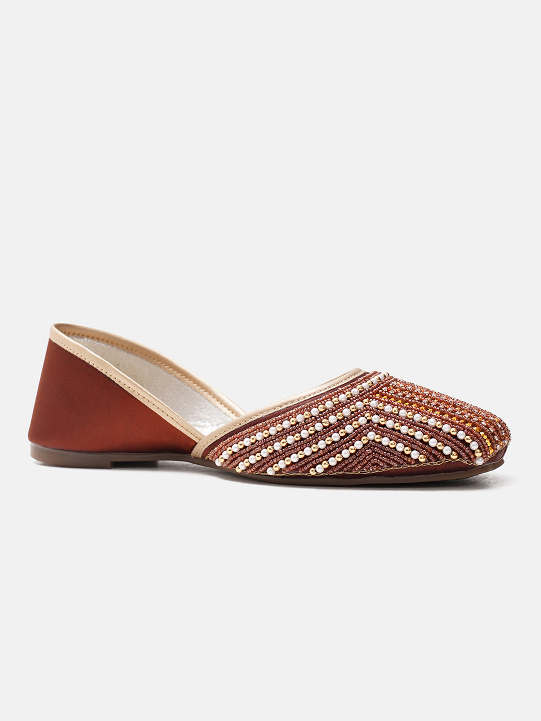 traditional juttis with intricate striped beadwork covering the entire upper
Copper