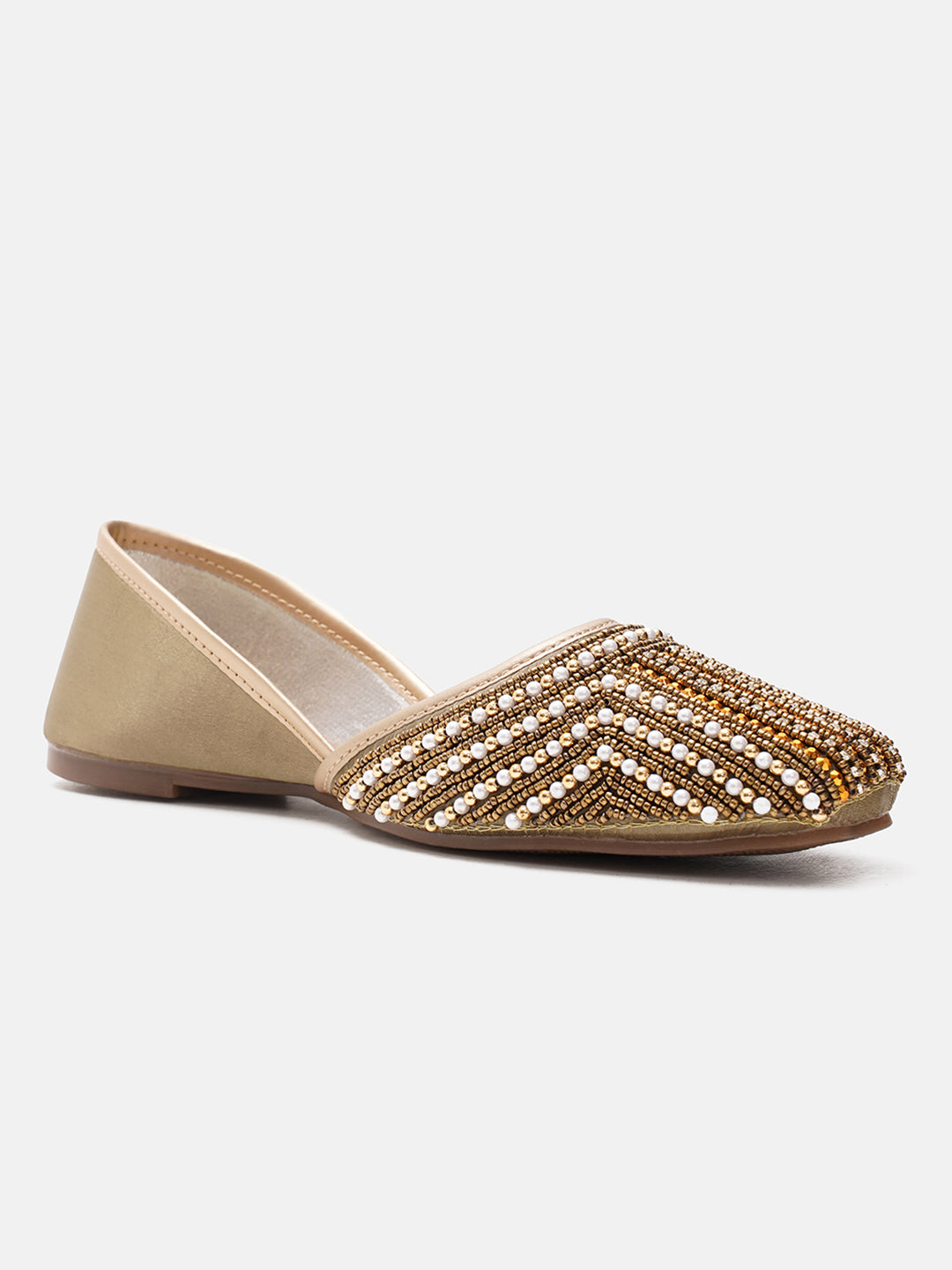 traditional juttis with intricate striped beadwork covering the entire upper
White