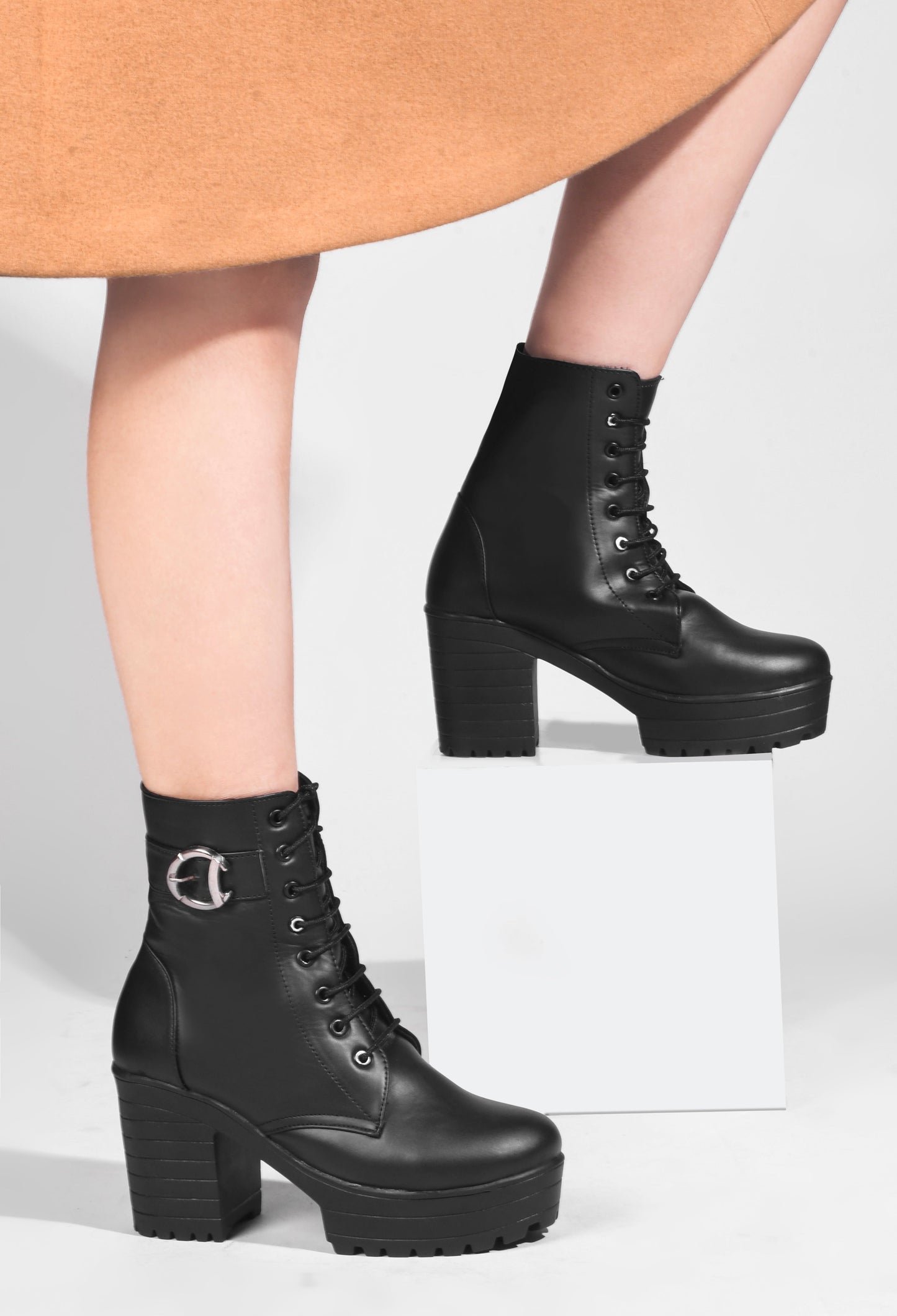 Jm Looks lace-up combat boots with a thick sole and a side buckle detail
Black
