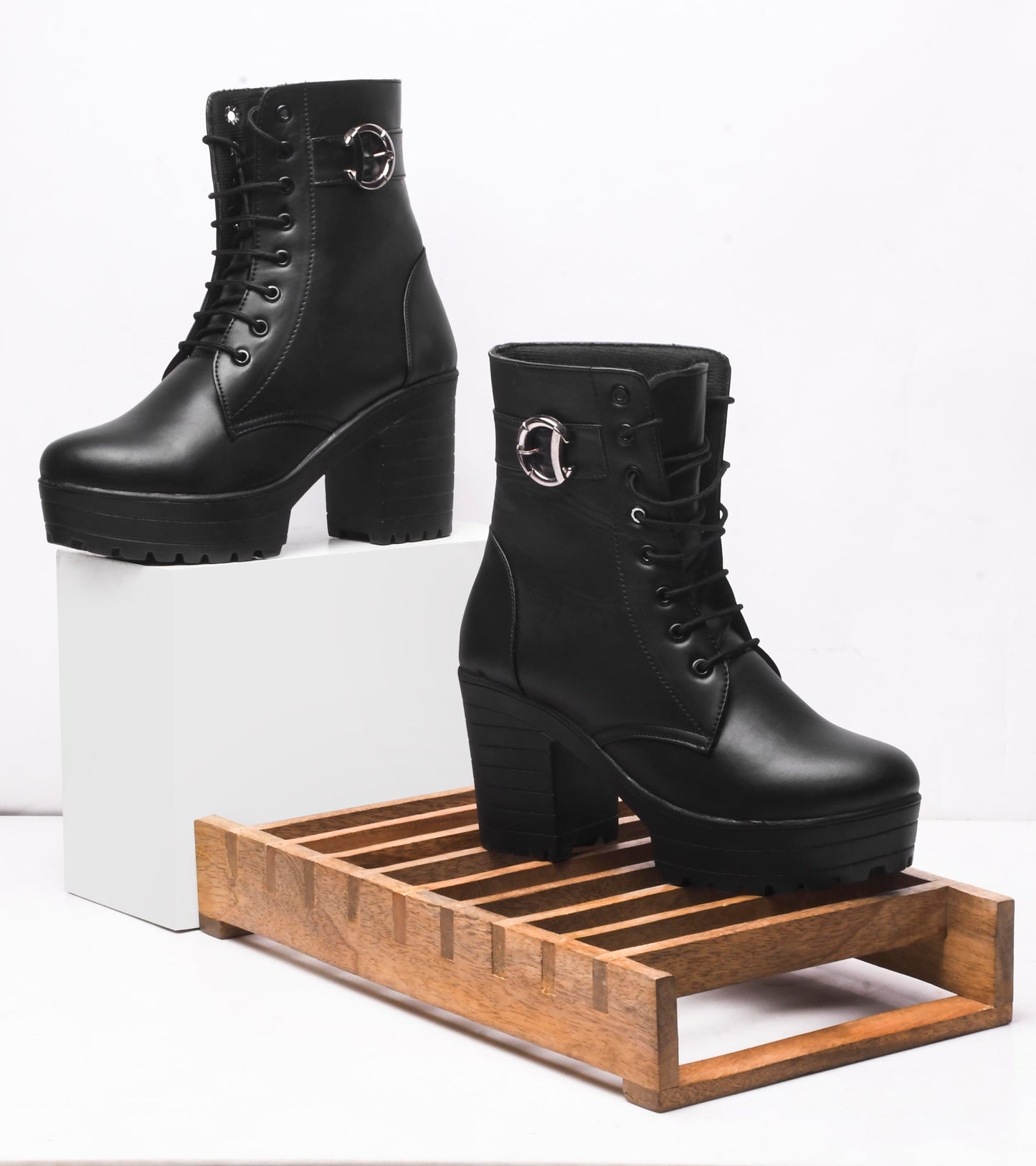 Jm Looks lace-up combat boots with a thick sole and a side buckle detail
Black