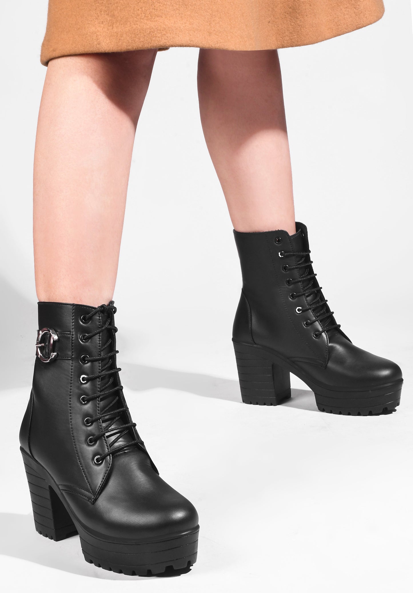 Jm Looks lace-up combat boots with a thick sole and a side buckle detail
Black