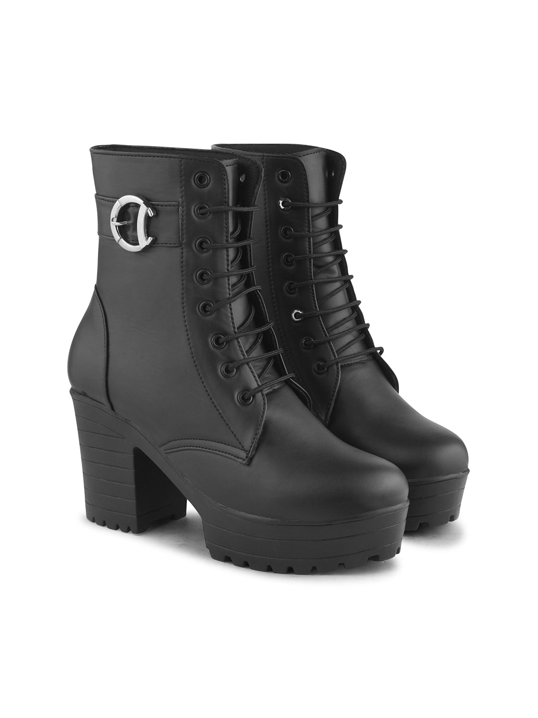 Jm Looks lace-up combat boots with a thick sole and a side buckle detail
Black